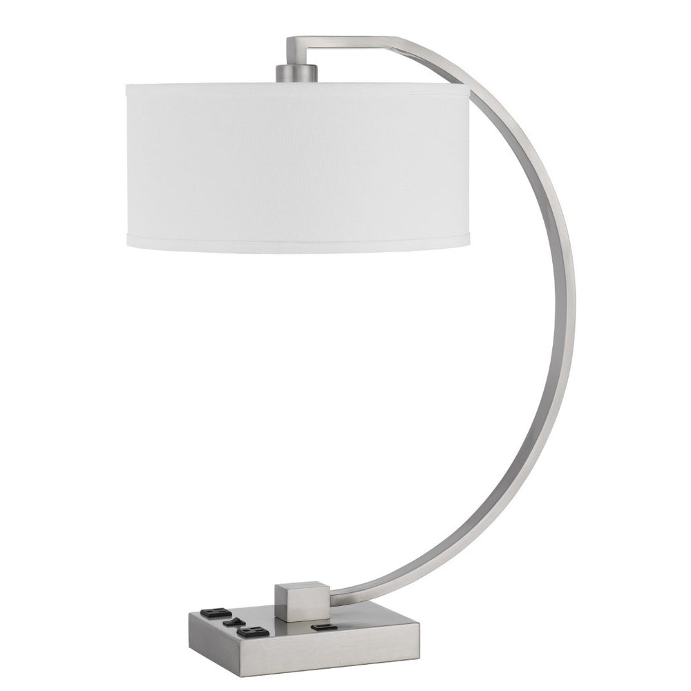 HomeRoots 26" Nickel Lantern Desk Lamp with Dimmable USB Power, White Fabric Shade for Modern Decor & Task Lighting 524762