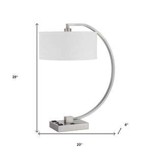 HomeRoots 26" Nickel Lantern Desk Lamp with Dimmable USB Power, White Fabric Shade for Modern Decor & Task Lighting 524762