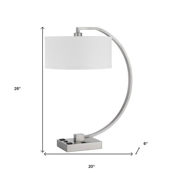 HomeRoots 26" Nickel Lantern Desk Lamp with Dimmable USB Power, White Fabric Shade for Modern Decor & Task Lighting 524762