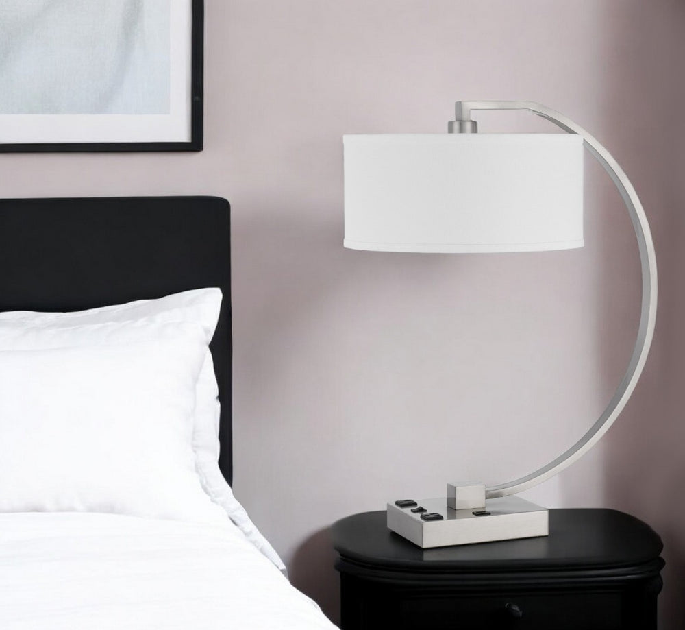 HomeRoots 26" Nickel Lantern Desk Lamp with Dimmable USB Power, White Fabric Shade for Modern Decor & Task Lighting 524762