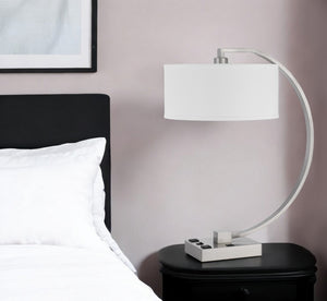 HomeRoots 26" Nickel Lantern Desk Lamp with Dimmable USB Power, White Fabric Shade for Modern Decor & Task Lighting 524762