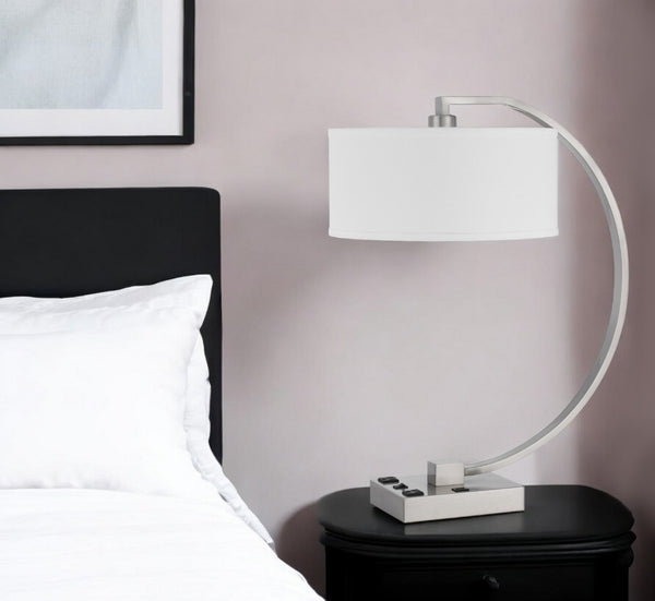 HomeRoots 26" Nickel Lantern Desk Lamp with Dimmable USB Power, White Fabric Shade for Modern Decor & Task Lighting 524762