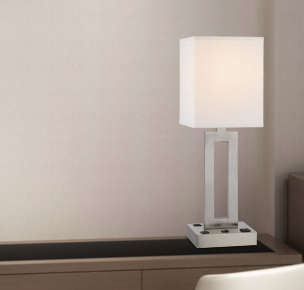 Homeroots 24" Nickel Metal Desk Usb Table Lamp With White Drum Shade   524763