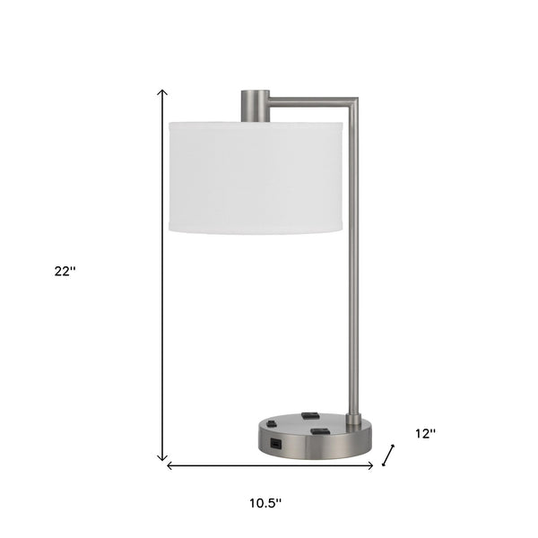 Homeroots 22" Nickel Metal Desk Usb Table Lamp With White Drum Shade   524764