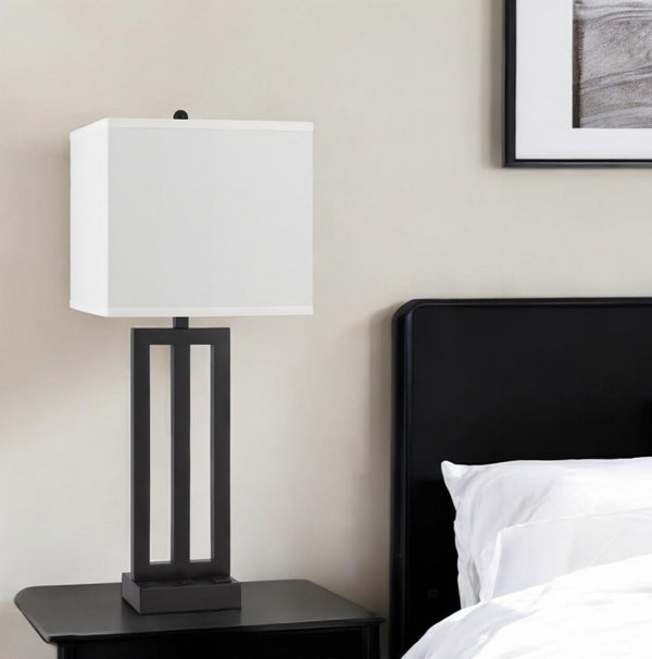 HomeRoots 30" Black Metal Table Lamp with USB Port, Adjustable Swing Arm & White Shade for Modern Spaces 524766