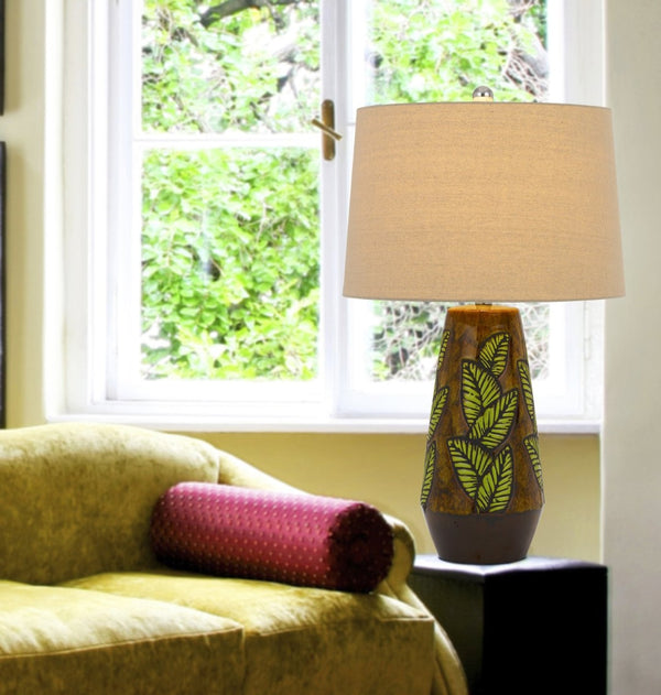 HomeRoots 29" Brown Ceramic Cylinder Table Lamp - Stylish Dimmable Design with Tan Empire Shade for Any Room 524773