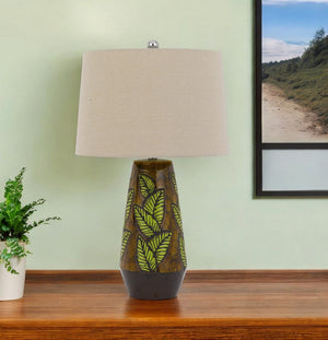 HomeRoots 29" Brown Ceramic Cylinder Table Lamp - Stylish Dimmable Design with Tan Empire Shade for Any Room 524773