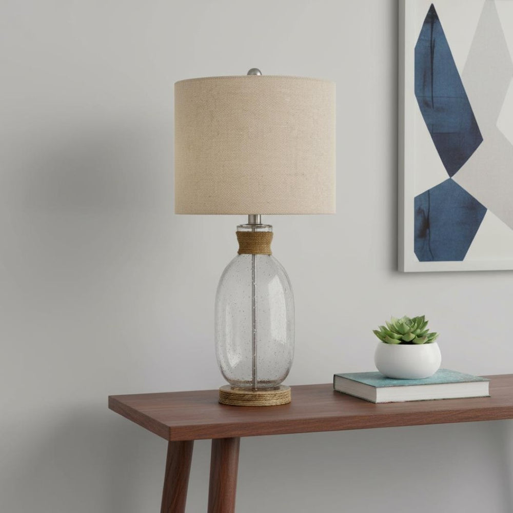 HomeRoots 26" Rustic Brown Mason Jar Table Lamp with Drum Shade for Warm Ambient Lighting & Farmhouse Charm 524774