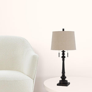 HomeRoots 32" Elegant Two-Light Table Lamp with Charcoal Base & Tan Drum Shade for Versatile Home Lighting 524775