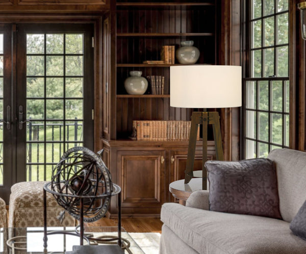 HomeRoots 32" Brown Metal Tripod Table Lamp – Contemporary Design with Off-White Shade for Elegant Ambiance 524779