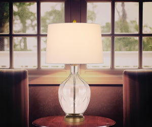 HomeRoots 30" Clear Metal Table Lamp - Modern Elegance with Off-White Drum Shade for Any Room Ambiance 524782