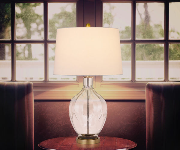 HomeRoots 30" Clear Metal Table Lamp - Modern Elegance with Off-White Drum Shade for Any Room Ambiance 524782
