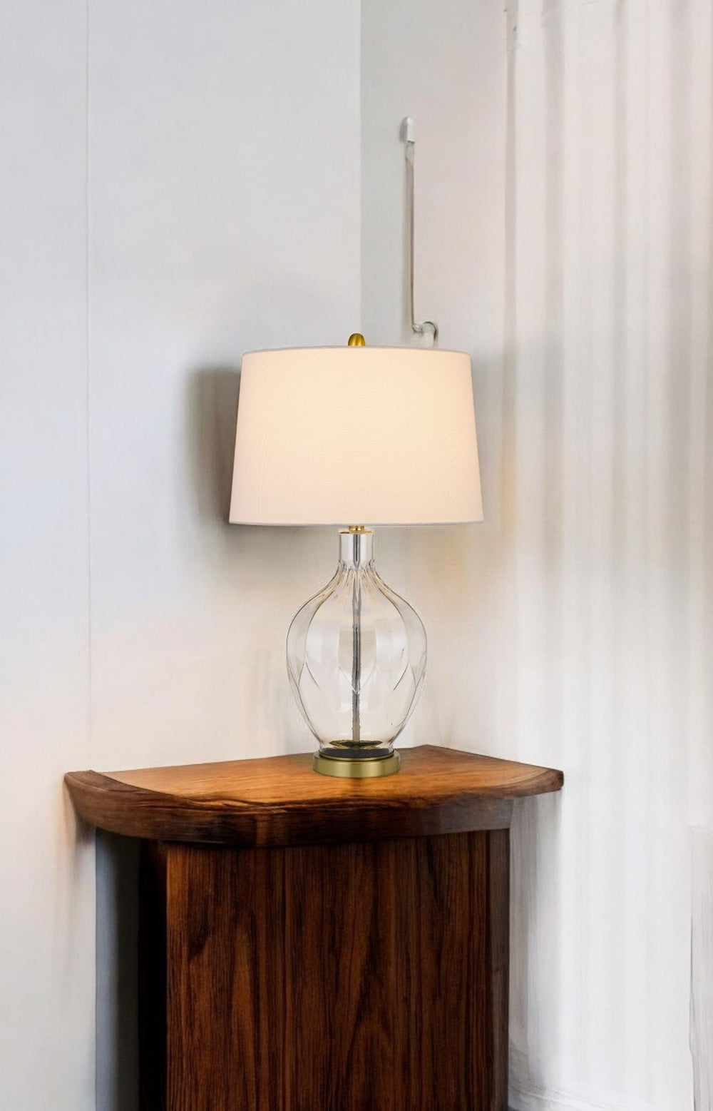 HomeRoots 30" Clear Metal Table Lamp - Modern Elegance with Off-White Drum Shade for Any Room Ambiance 524782