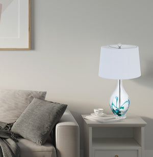 HomeRoots 27" Clear Glass Table Lamp - Elegant Bowling-Pin Base with Dimmable White Empire Shade for Any Room 524783