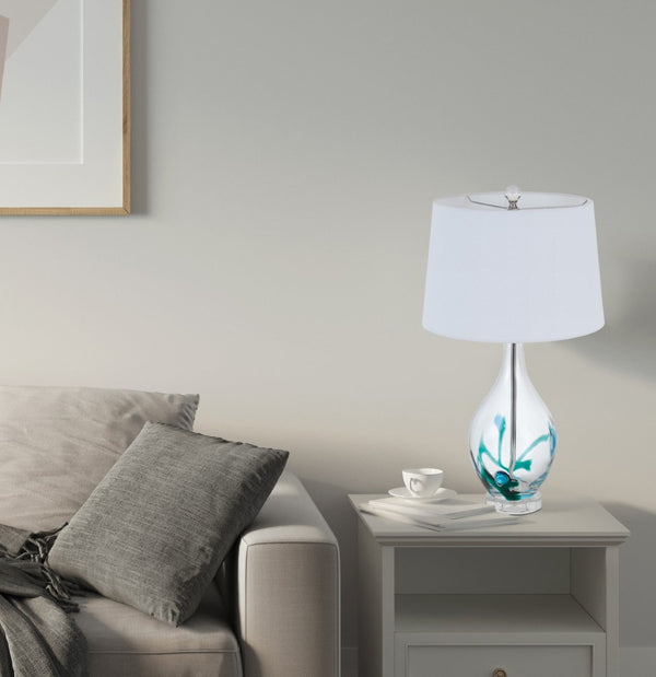 HomeRoots 27" Clear Glass Table Lamp - Elegant Bowling-Pin Base with Dimmable White Empire Shade for Any Room 524783