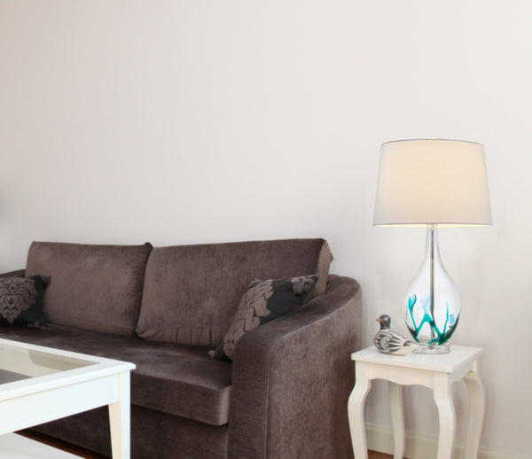 HomeRoots 27" Clear Glass Table Lamp - Elegant Bowling-Pin Base with Dimmable White Empire Shade for Any Room 524783