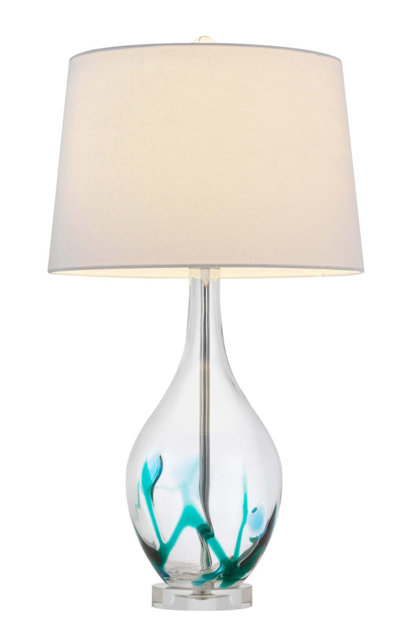HomeRoots 27" Clear Glass Table Lamp - Elegant Bowling-Pin Base with Dimmable White Empire Shade for Any Room 524783