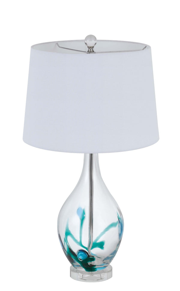 HomeRoots 27" Clear Glass Table Lamp - Elegant Bowling-Pin Base with Dimmable White Empire Shade for Any Room 524783