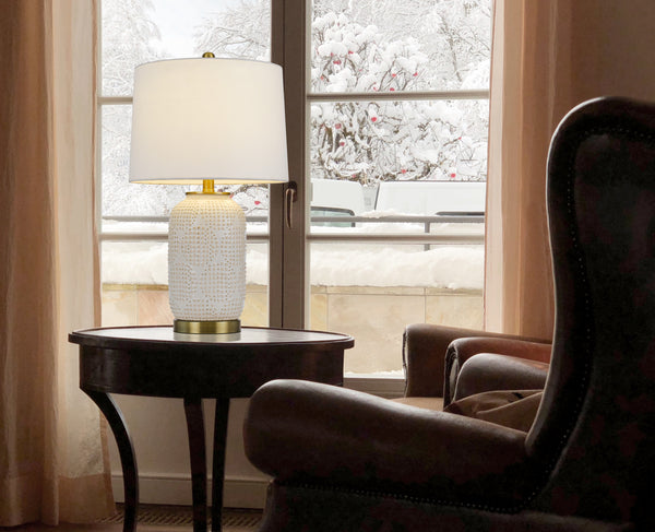 Homeroots 24" Ivory Metal Table Lamp With White Drum Shade   524784