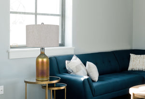 HomeRoots 28" Gold Glass Table Lamp with Elegant Gray Drum Shade for Stylish Ambient Lighting in Any Room 524787