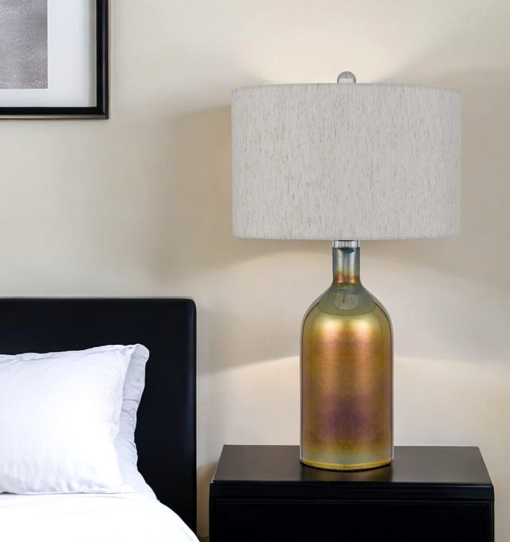 HomeRoots 28" Gold Glass Table Lamp with Elegant Gray Drum Shade for Stylish Ambient Lighting in Any Room 524787
