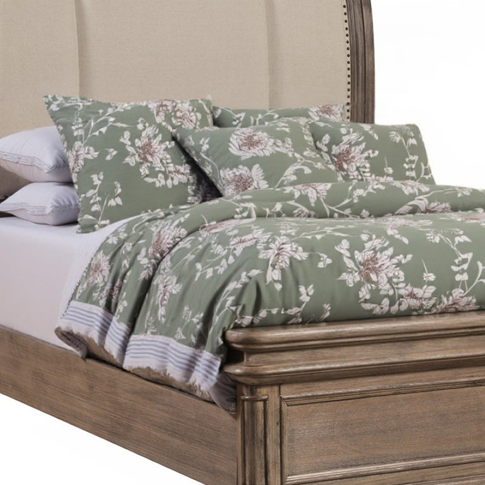 HomeRoots Brown Distressed Solid Wood and Faux Leather Queen Bed Frame with Elegant Nailhead Trim Design 524791
