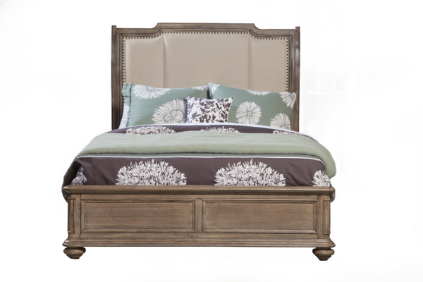 Homeroots Brown Distressed Solid Wood & Faux Leather California King Bed Frame With Nailhead Trim – Style & Comfort  Wood 524792