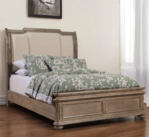 Homeroots Brown Distressed Solid Wood & Faux Leather California King Bed Frame With Nailhead Trim – Style & Comfort  Wood 524792