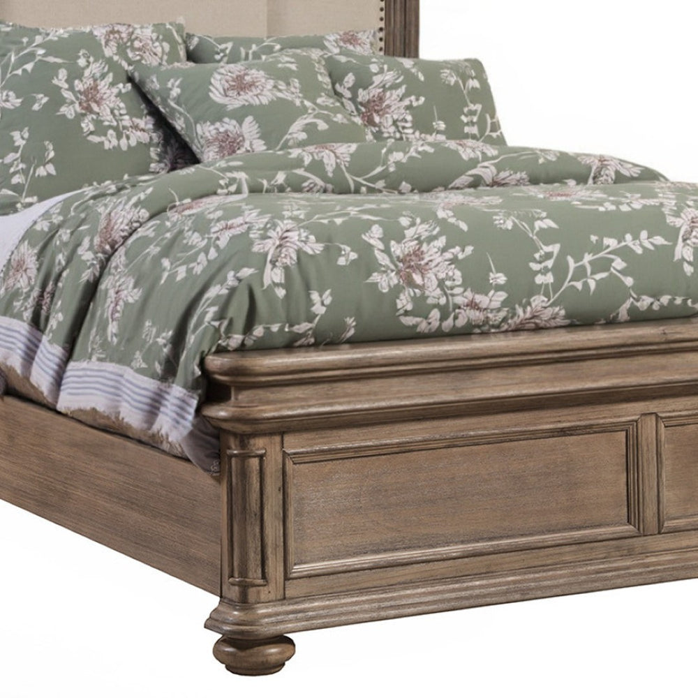 HomeRoots Brown California King Bed Frame - Distressed Solid Wood & Faux Leather with Nailhead Trim Elegance 524792