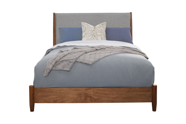 HomeRoots Brown Mid-Century Queen Bed Frame - Solid Wood with Gray Linen Headboard for Stylish Comfort 524794