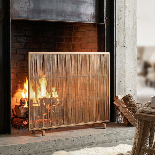 English Elm Willow Iron Fireplace Screen Powder Coated Vertical Bar Grid for Modern Interiors Golden N775P386927G