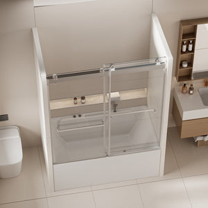English Elm 56-60 in Frameless Bypass Tub Shower Door Soft Close Tempered Glass Brushed Nickel W1920P385329