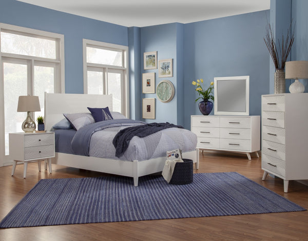 HomeRoots White Carved Geometric Solid Wood Queen Bed Frame - Artisan-Crafted, Durable Mahogany Design for Modern Elegance 524806