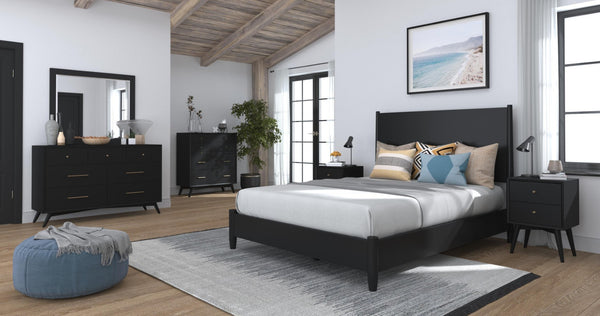HomeRoots Black Solid Mahogany Queen Bed Frame - Timeless Mid-Century Modern Design for Stylish Bedrooms 524815