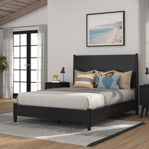 HomeRoots Black Solid Mahogany Queen Bed Frame - Timeless Mid-Century Modern Design for Stylish Bedrooms 524815
