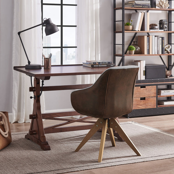 Homeroots 23" Gray Fabric And Natural Swivel Arm Chair   524855