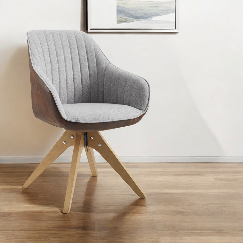 Homeroots 23" Gray Fabric And Natural Swivel Arm Chair   524855