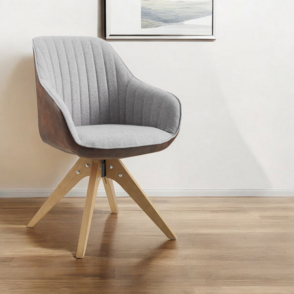 Homeroots 23" Gray Fabric And Natural Swivel Arm Chair   524855