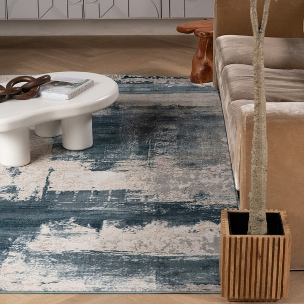 HomeRoots 4' X 6' Abstract Washable Non-Skid Area Rug - Modern Design for Easy Care and Versatile Use Blue, Beige 524873