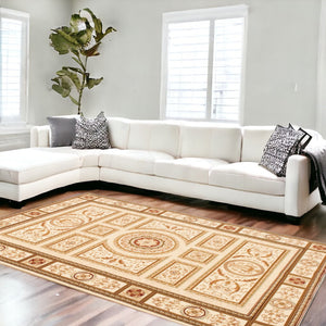 Homeroots 10' X 13' Beige And Ivory Oriental Washable Non Skid Area Rug  Other Material 524875