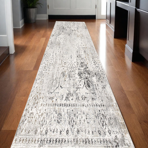 Homeroots 10' Gray And Ivory Oriental Washable Non Skid Runner Rug  Polyester 524876