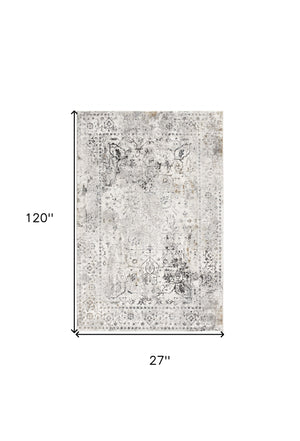 Homeroots 10' Gray And Ivory Oriental Washable Non Skid Runner Rug  Polyester 524876