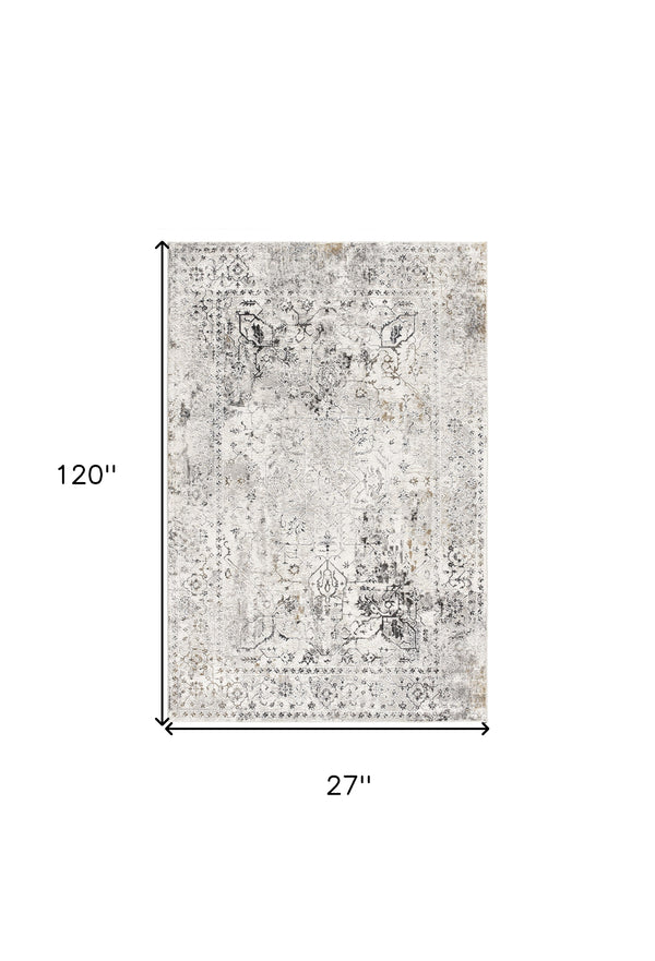 Homeroots 10' Gray And Ivory Oriental Washable Non Skid Runner Rug  Polyester 524876