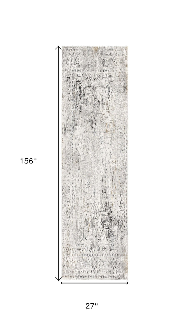 Homeroots 13' Gray And Ivory Oriental Washable Non Skid Runner Rug  Polyester 524877