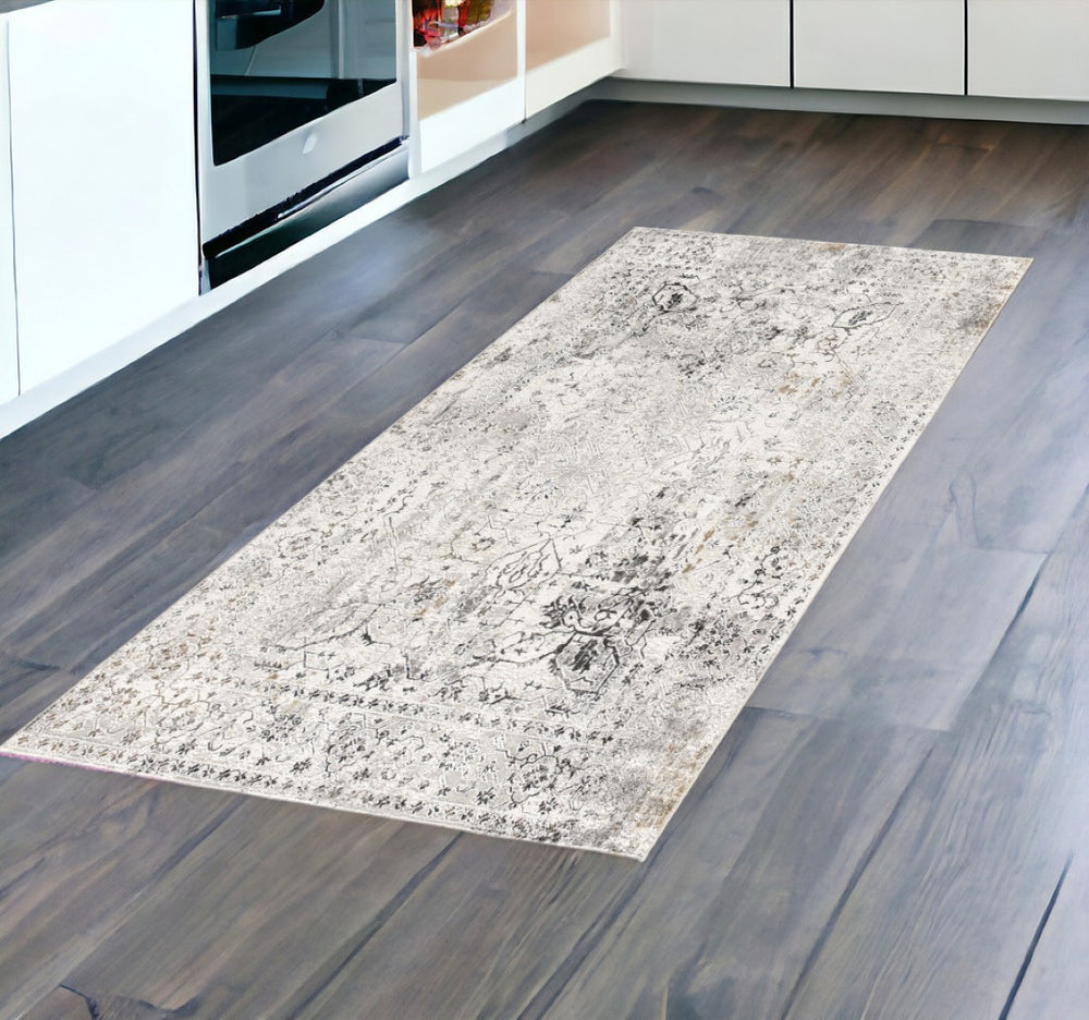 HomeRoots 8' Gray and Ivory Oriental Shag Runner Rug - Plush, Washable, Durable Design for Cozy Spaces 524880