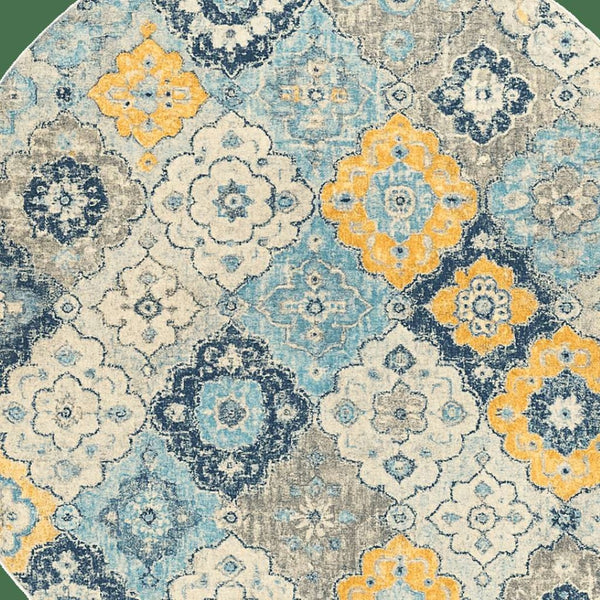 HomeRoots 8' Blue and Gray Round Floral Area Rug - Washable, Non-Skid, Perfect for Living Rooms & Bedrooms 524882