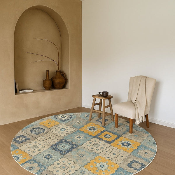 HomeRoots 8' Blue and Gray Round Floral Area Rug - Washable, Non-Skid, Perfect for Living Rooms & Bedrooms 524882