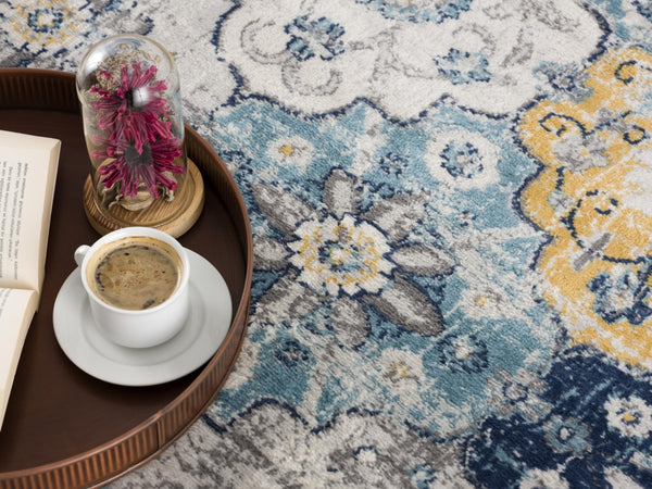 HomeRoots 8' Blue and Gray Round Floral Area Rug - Washable, Non-Skid, Perfect for Living Rooms & Bedrooms 524882