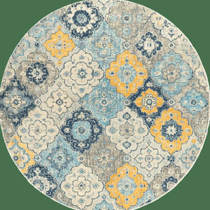 HomeRoots 8' Blue and Gray Round Floral Area Rug - Washable, Non-Skid, Perfect for Living Rooms & Bedrooms 524882