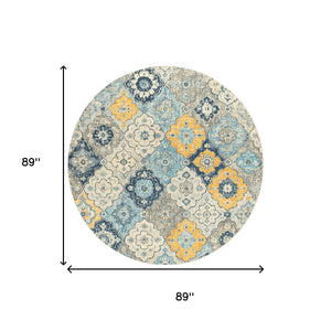 HomeRoots 8' Blue and Gray Round Floral Area Rug - Washable, Non-Skid, Perfect for Living Rooms & Bedrooms 524882